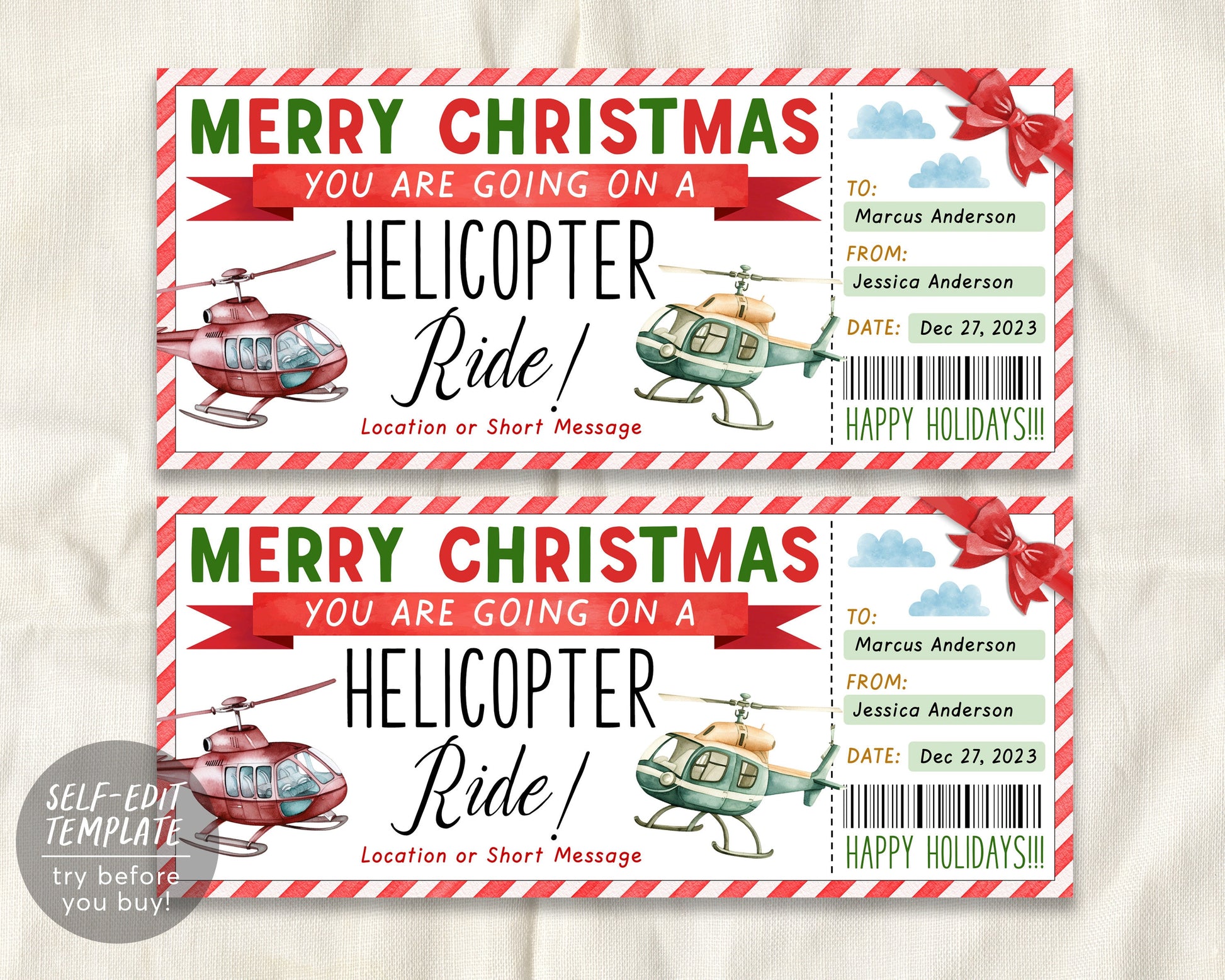 Christmas Helicopter Ride Ticket Gift Certificate Editable Template