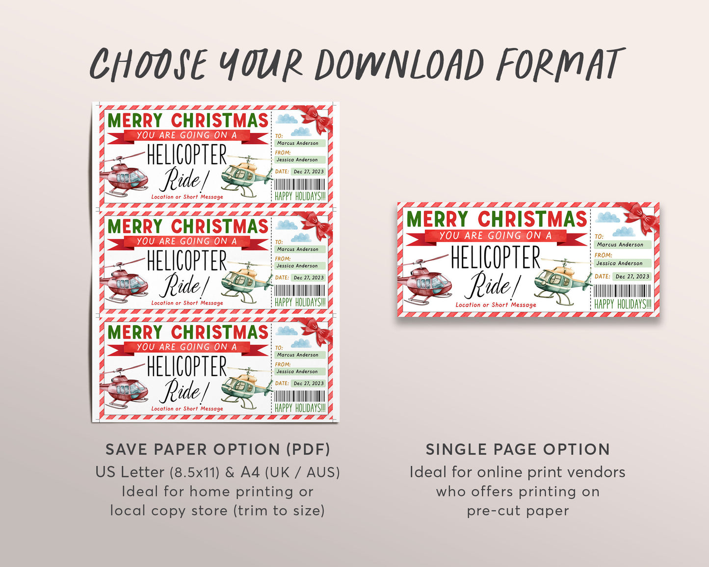 Christmas Helicopter Ride Ticket Gift Certificate Editable Template, Surprise Helicopter Experience Gift Voucher Holiday Coupon Printable