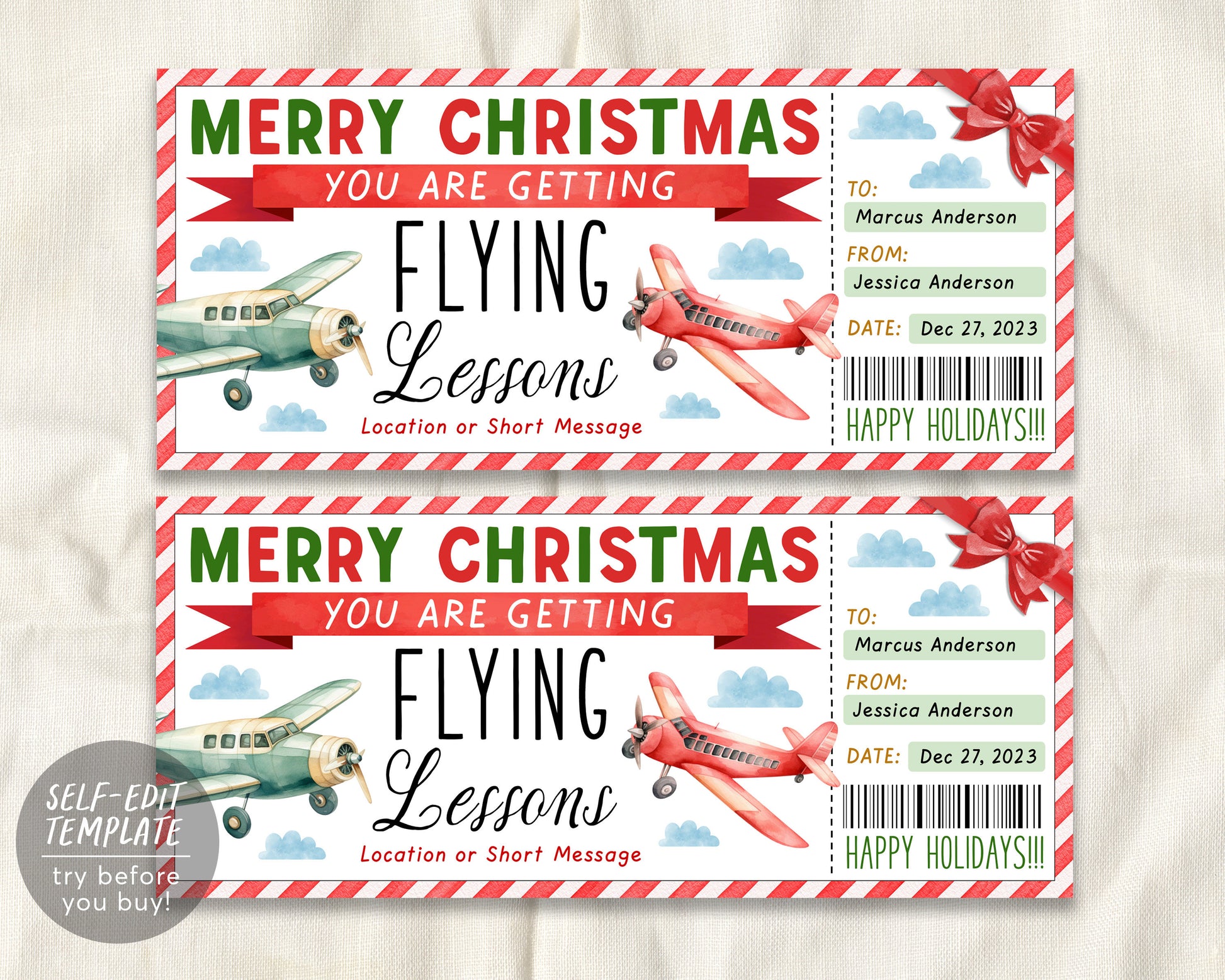 Christmas Flying Lessons Ticket Gift Voucher Editable Template