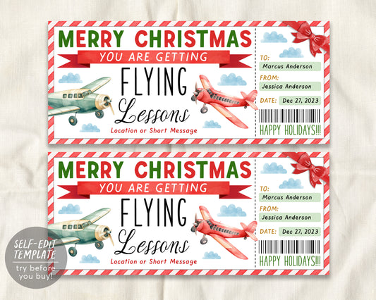 Christmas Flying Lessons Ticket Gift Voucher Editable Template