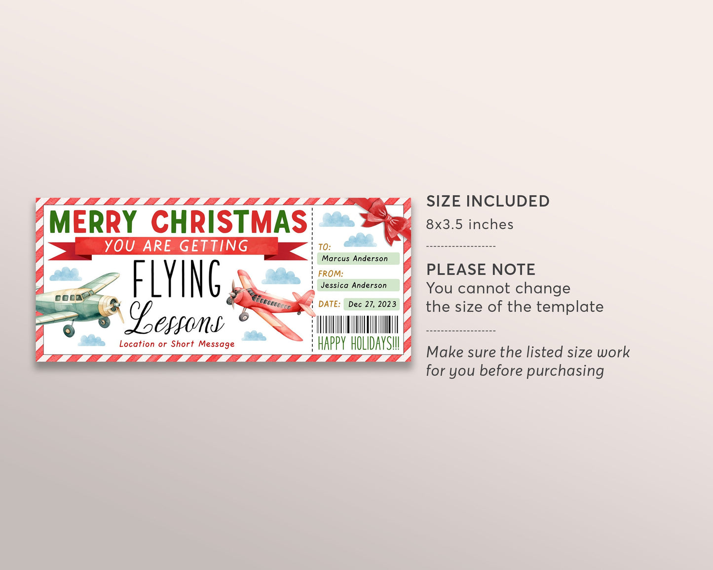 Christmas Flying Lessons Ticket Gift Voucher Editable Template, Surprise Flying Experience Pilot Training Gift Certificate Holiday Coupon