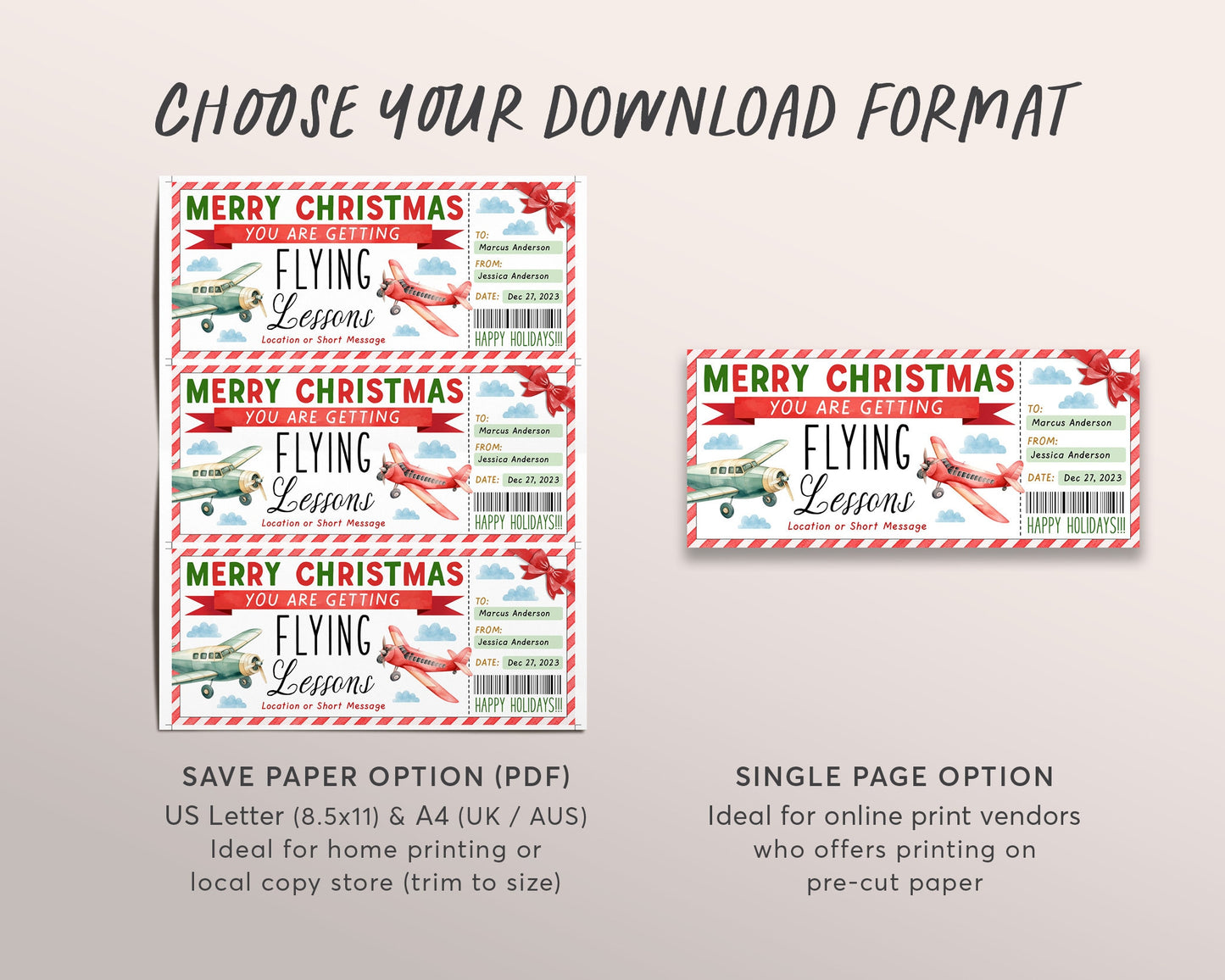 Christmas Flying Lessons Ticket Gift Voucher Editable Template, Surprise Flying Experience Pilot Training Gift Certificate Holiday Coupon