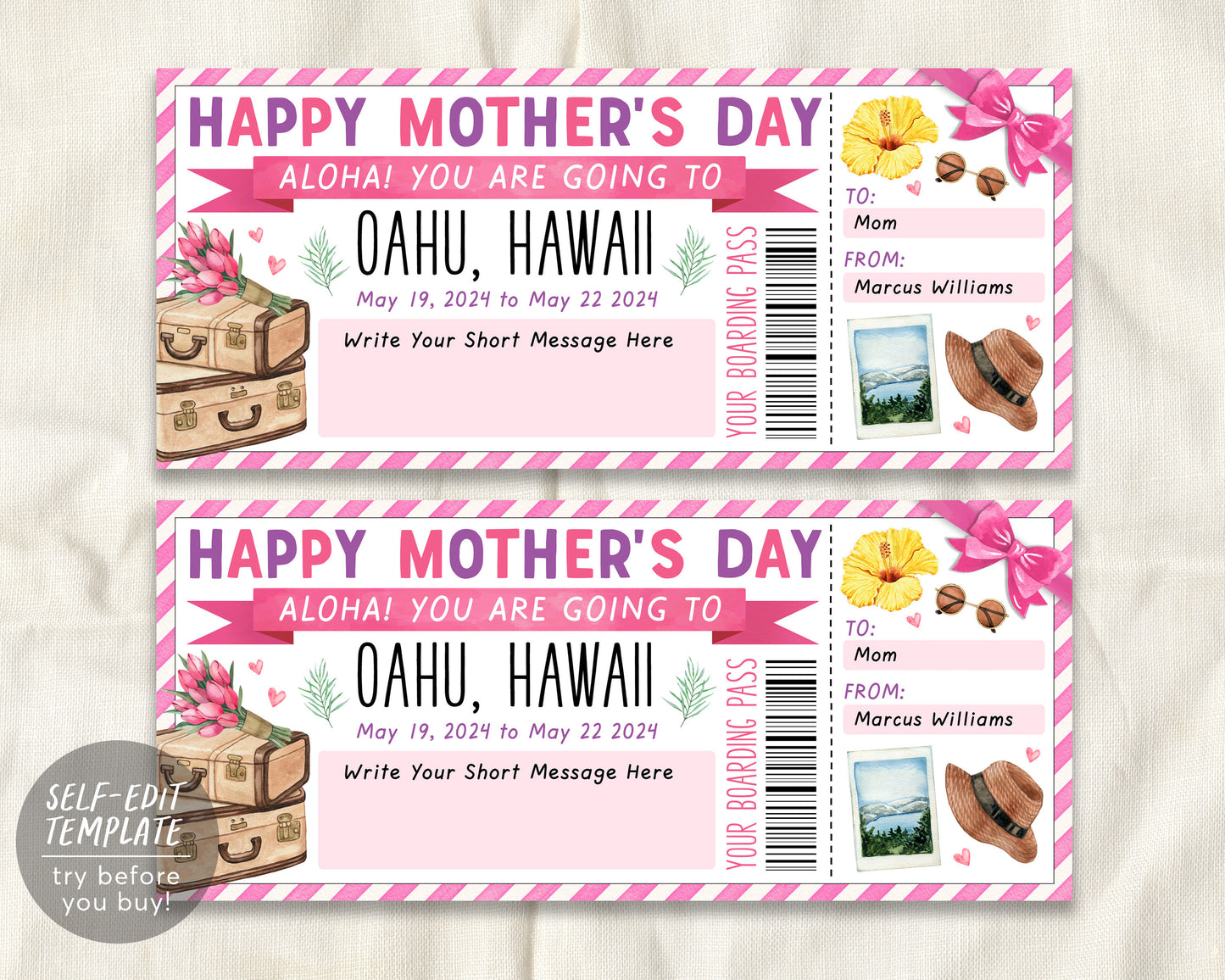 Mothers Day Hawaii Plane Ticket Boarding Pass Editable Template