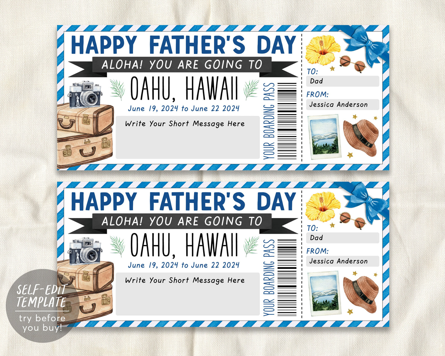 Fathers Day Hawaii Plane Ticket Boarding Pass Editable Template