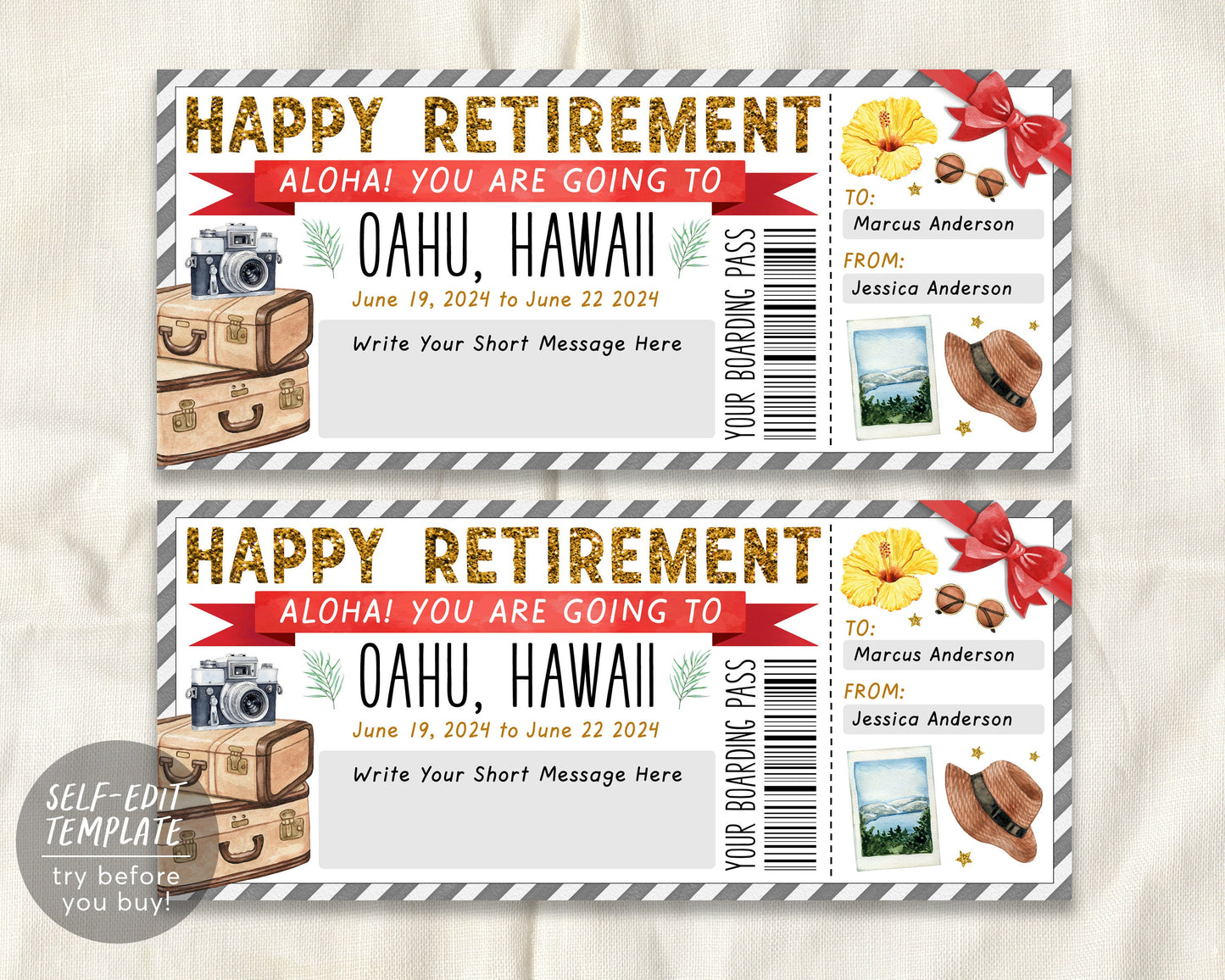 Retirement Hawaii Plane Ticket Boarding Pass Editable Template