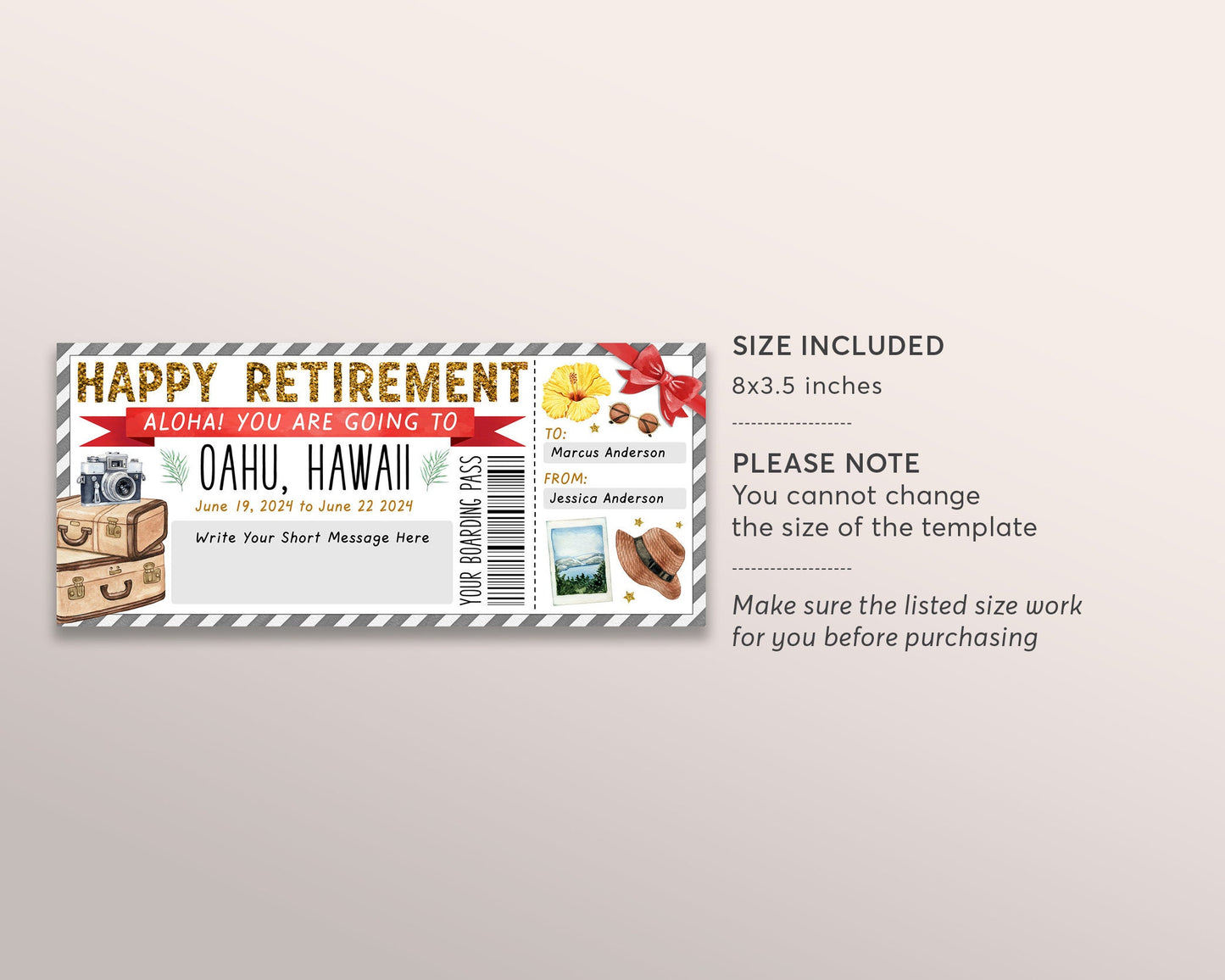 Retirement Hawaii Plane Ticket Boarding Pass Editable Template, Surprise Trip to Hawaii For Retiree, Tropical Beach Vacation Getaway Reveal