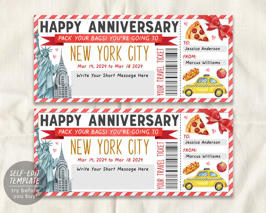 Anniversary New York City Trip Ticket Editable Template
