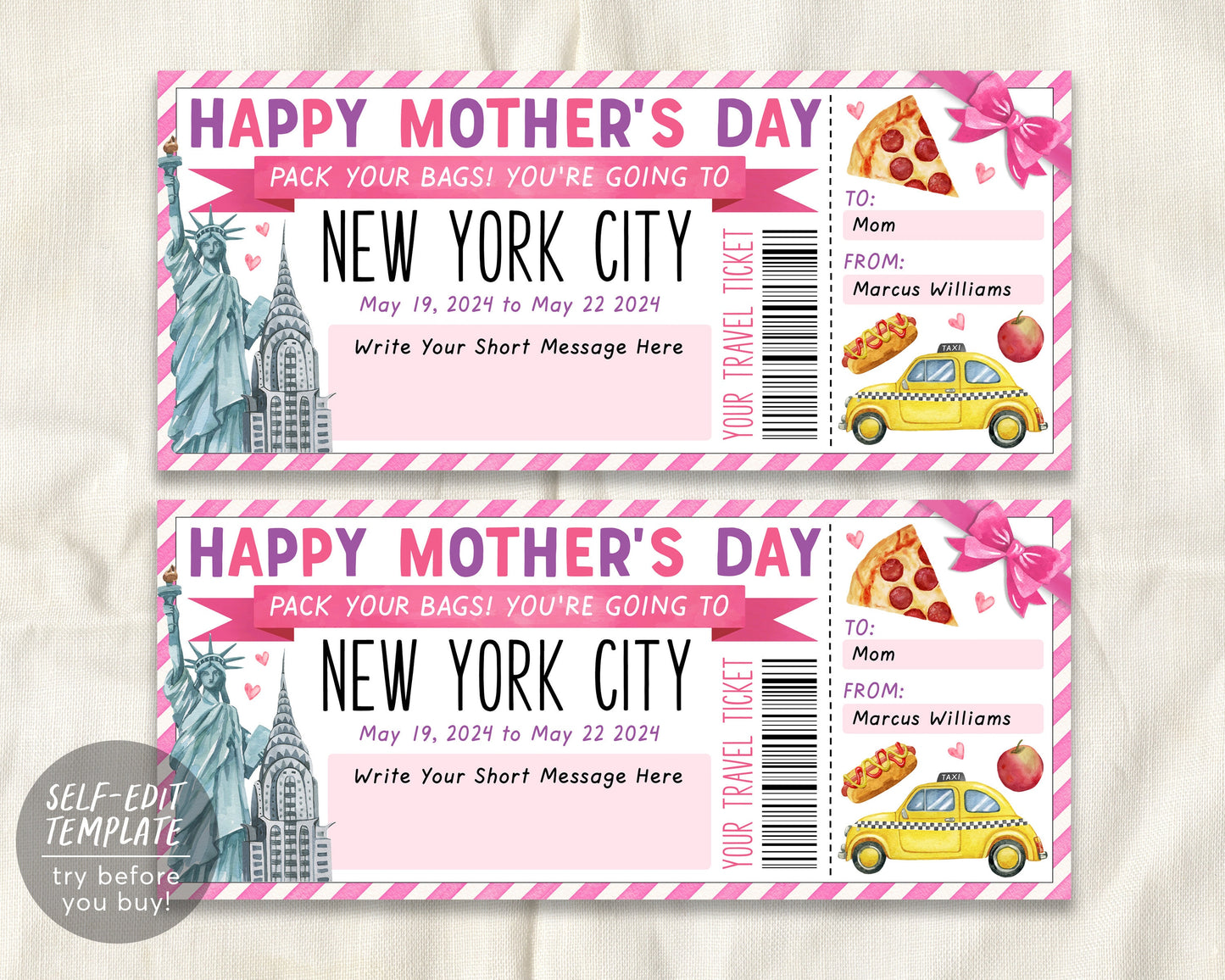 Mothers Day New York City Trip Ticket Editable Template