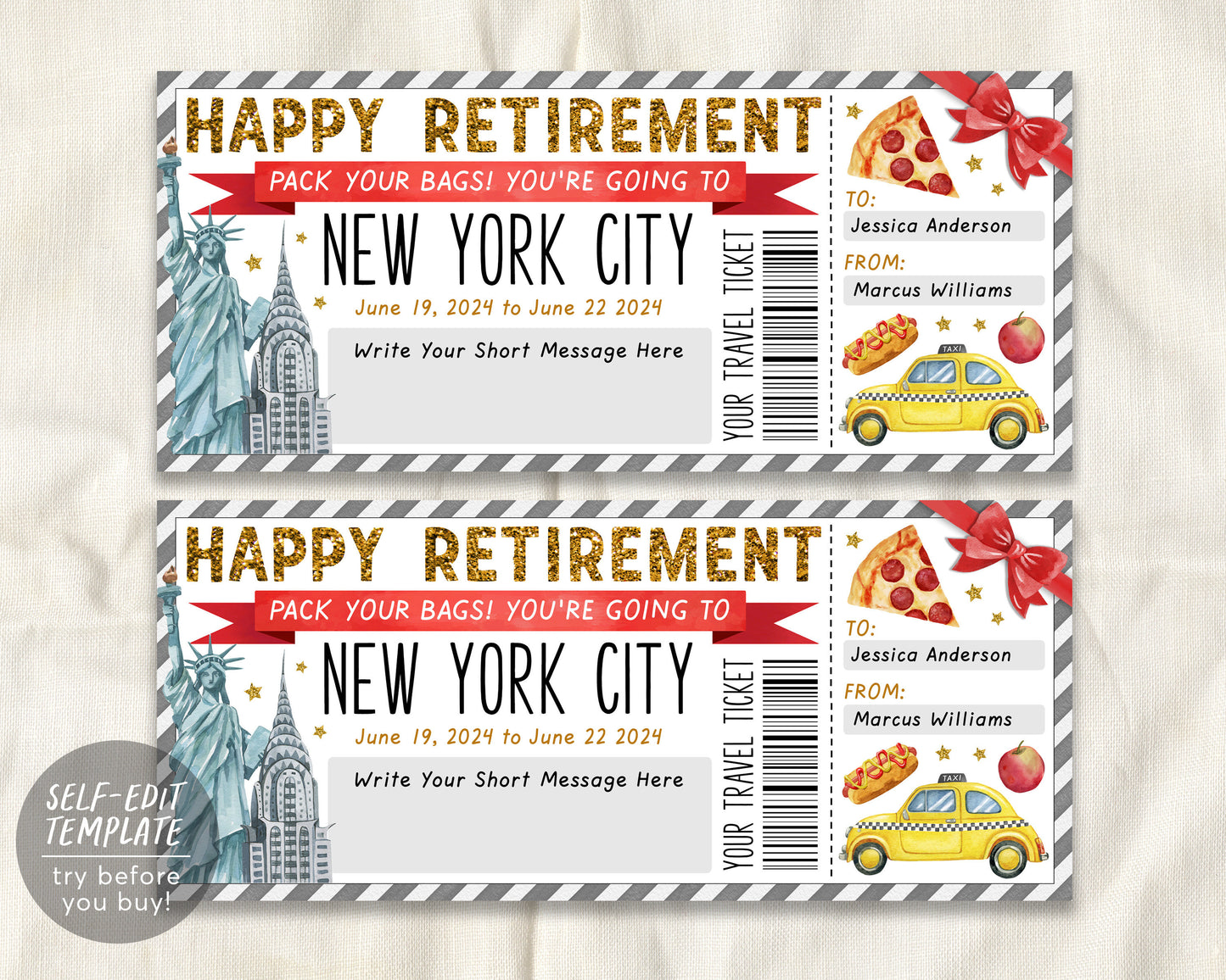 Retirement New York City Trip Ticket Editable Template