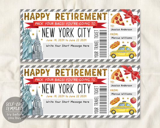 Retirement New York City Trip Ticket Editable Template