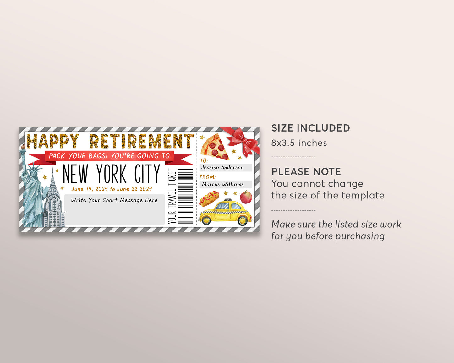 Retirement New York City Trip Ticket Editable Template, Surprise Travel Vacation Gift Certificate For Retiree NYC Trip Reveal Voucher DIY