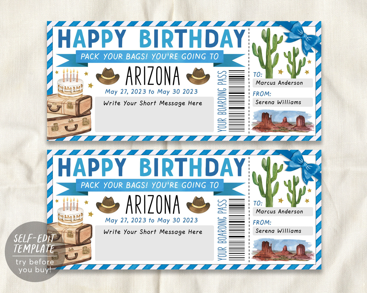 Arizona Trip Ticket Boarding Pass Editable Template