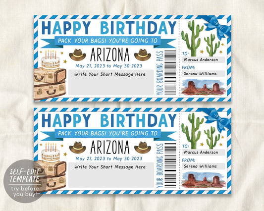 Arizona Trip Ticket Boarding Pass Editable Template