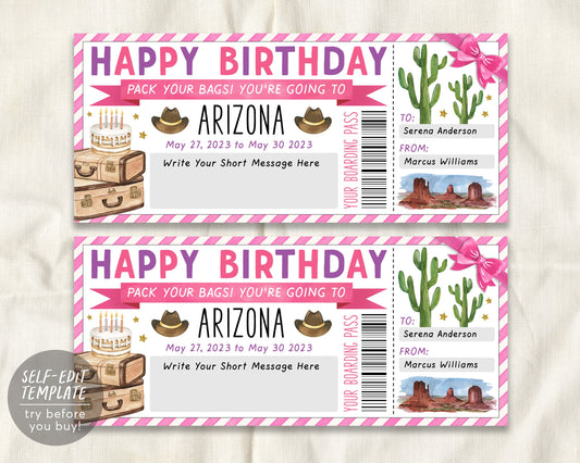 Arizona Trip Ticket Boarding Pass Editable Template, Surprise Birthday Travel Vacation Airline Ticket Gift Certificate, Holiday Trip Reveal