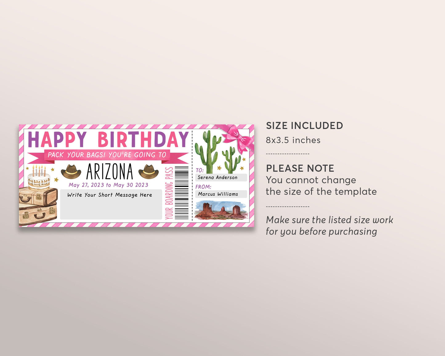 Arizona Trip Ticket Boarding Pass Editable Template, Surprise Birthday Travel Vacation Airline Ticket Gift Certificate, Holiday Trip Reveal