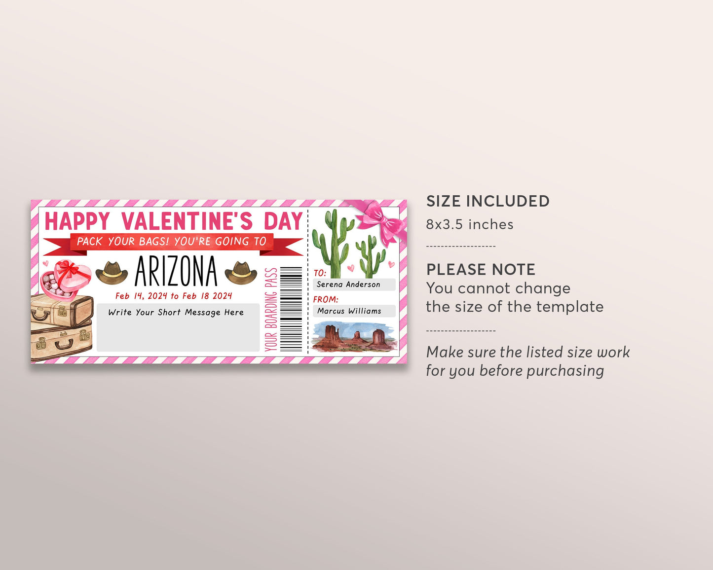 Arizona Trip Ticket Boarding Pass Editable Template, Surprise Valentines Day Travel Airline Gift Certificate, Girlfriend Wife Trip Reveal