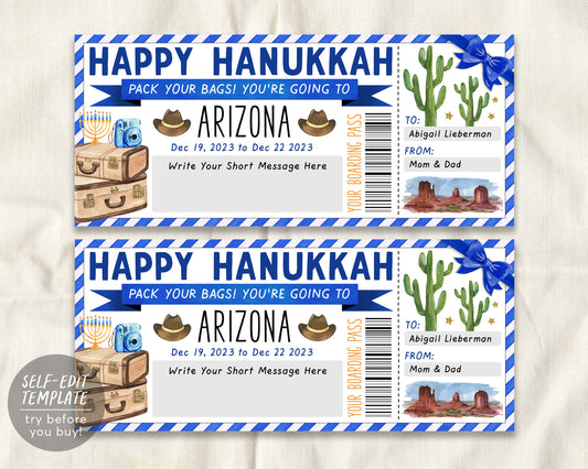 Hanukkah Arizona Trip Ticket Boarding Pass Editable Template