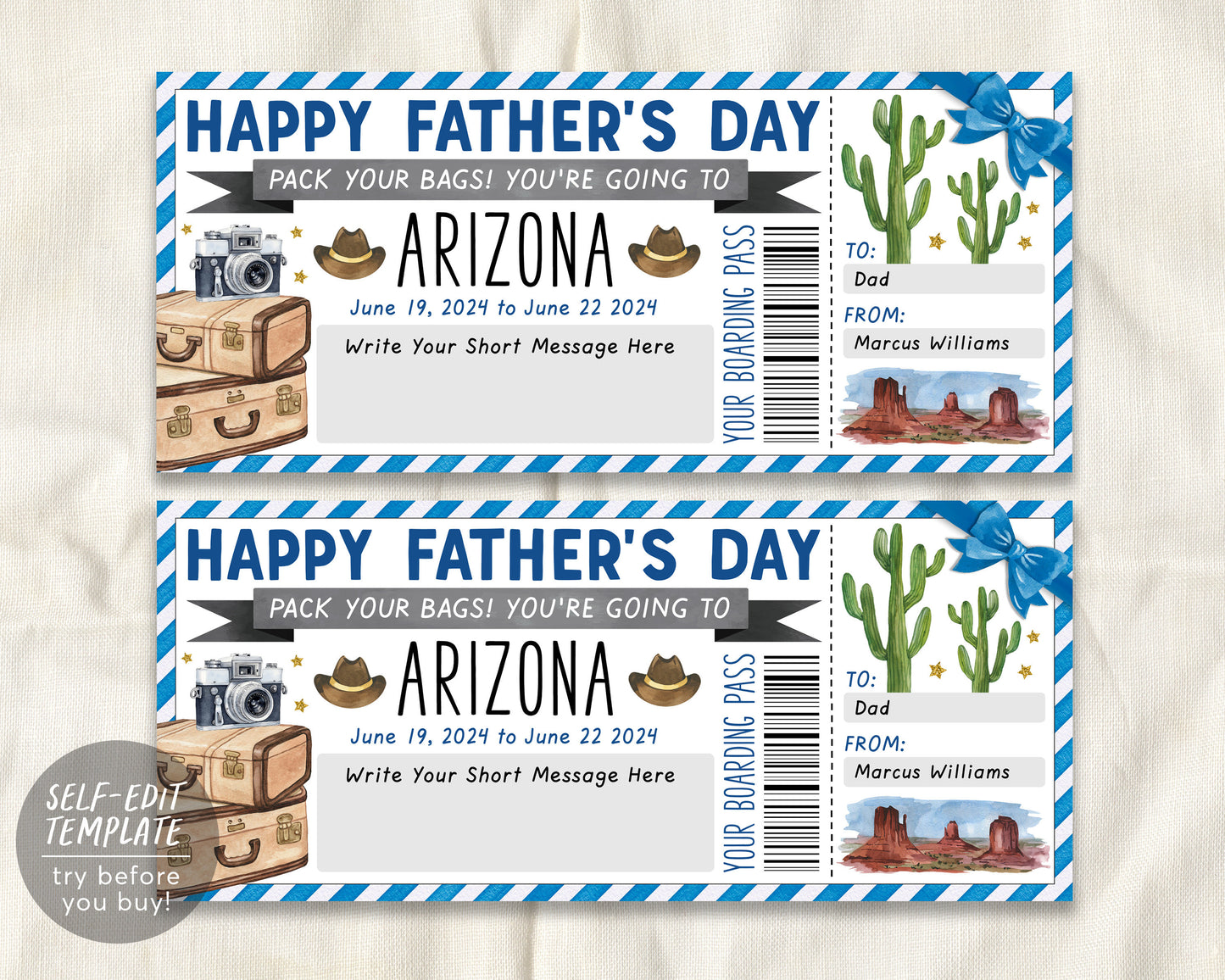 Fathers Day Arizona Trip Ticket Boarding Pass Editable Template