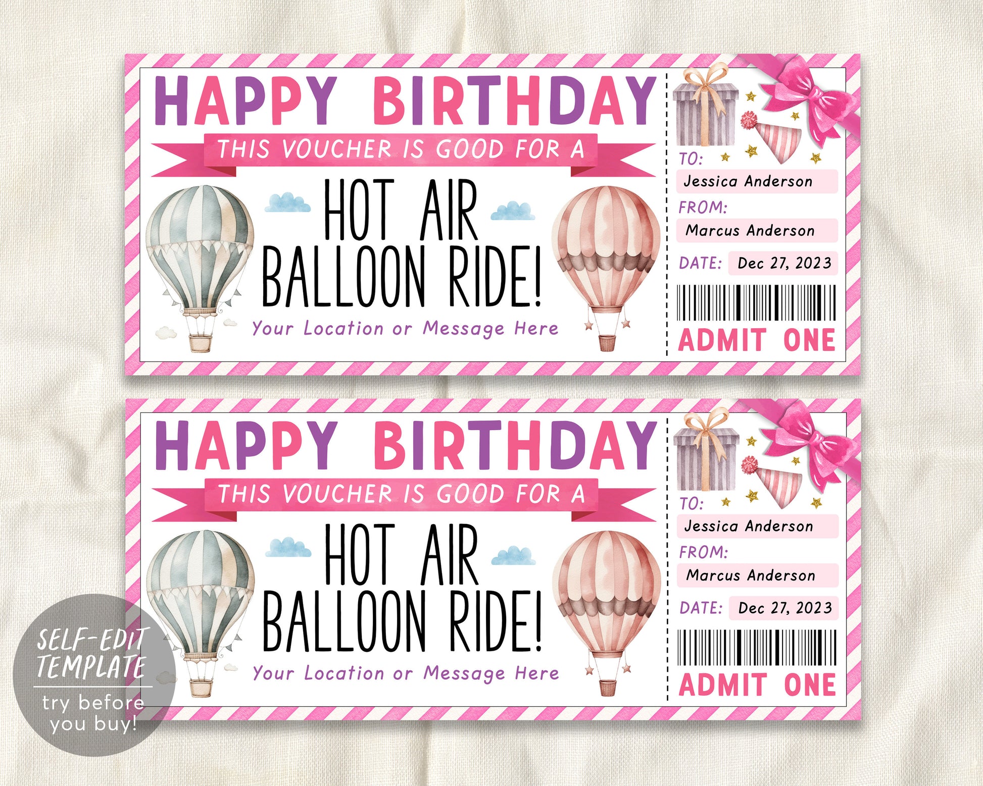 Hot Air Balloon Ticket Editable Template