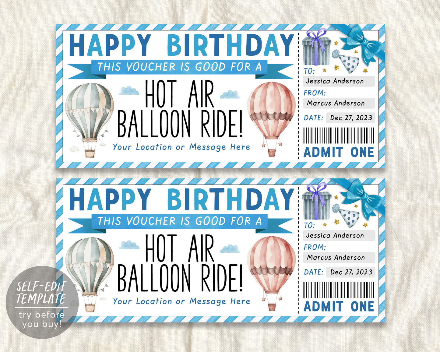 Hot Air Balloon Ticket Editable Template, Birthday Surprise Hot Air Balloon Gift Certificate Reveal For Him, Voucher Experience Coupon