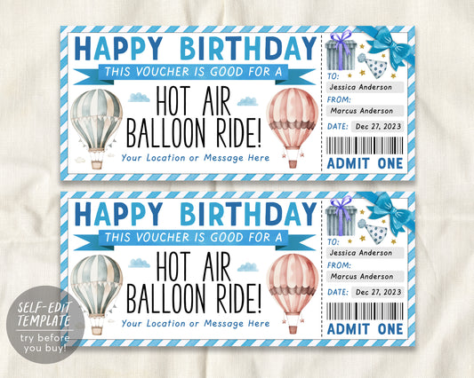 Hot Air Balloon Ticket Editable Template, Birthday Surprise Hot Air Balloon Gift Certificate Reveal For Him, Voucher Experience Coupon