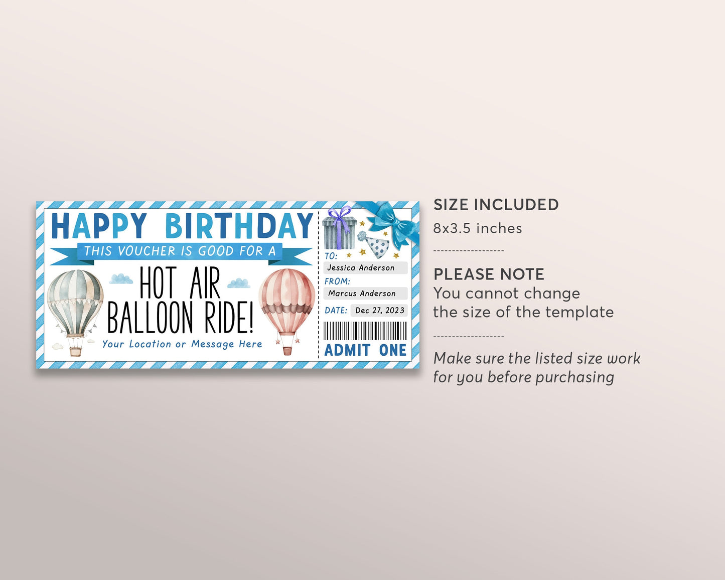 Hot Air Balloon Ticket Editable Template, Birthday Surprise Hot Air Balloon Gift Certificate Reveal For Him, Voucher Experience Coupon