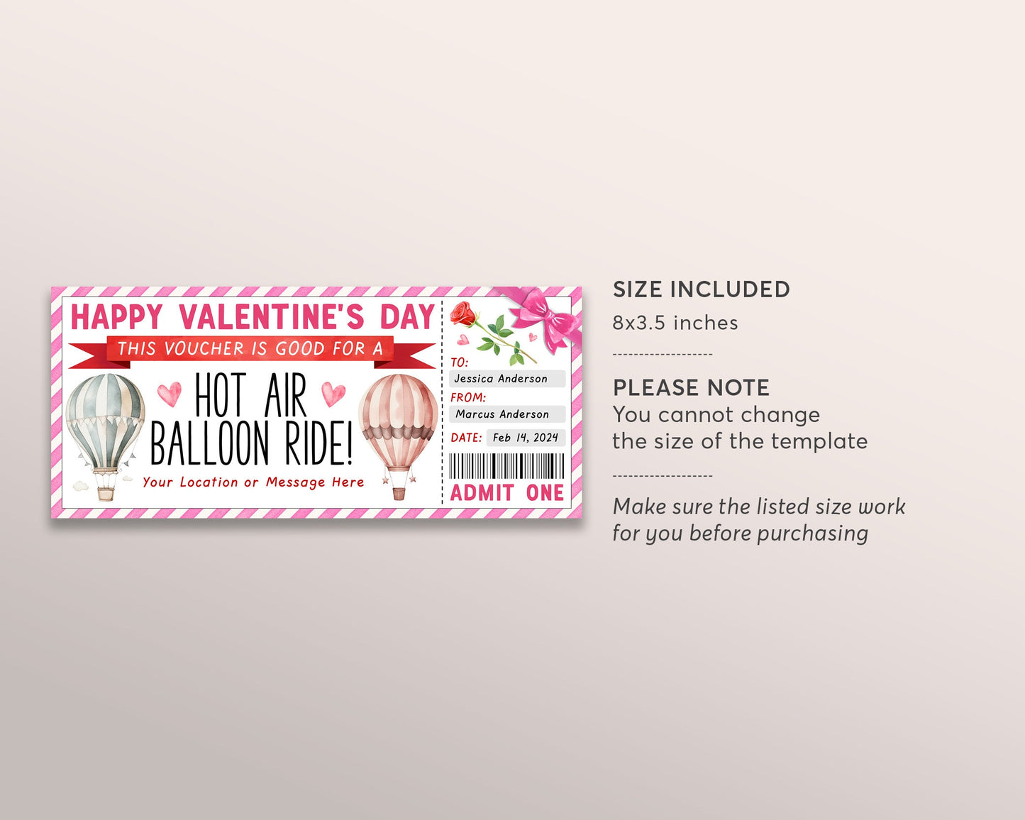 Hot Air Balloon Ticket Editable Template, Valentines Day Surprise Hot Air Balloon Gift Certificate Voucher Experience Coupon, Last Minute