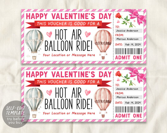 Hot Air Balloon Ticket Editable Template, Valentines Day Surprise Hot Air Balloon Gift Certificate Voucher Experience Coupon, Last Minute