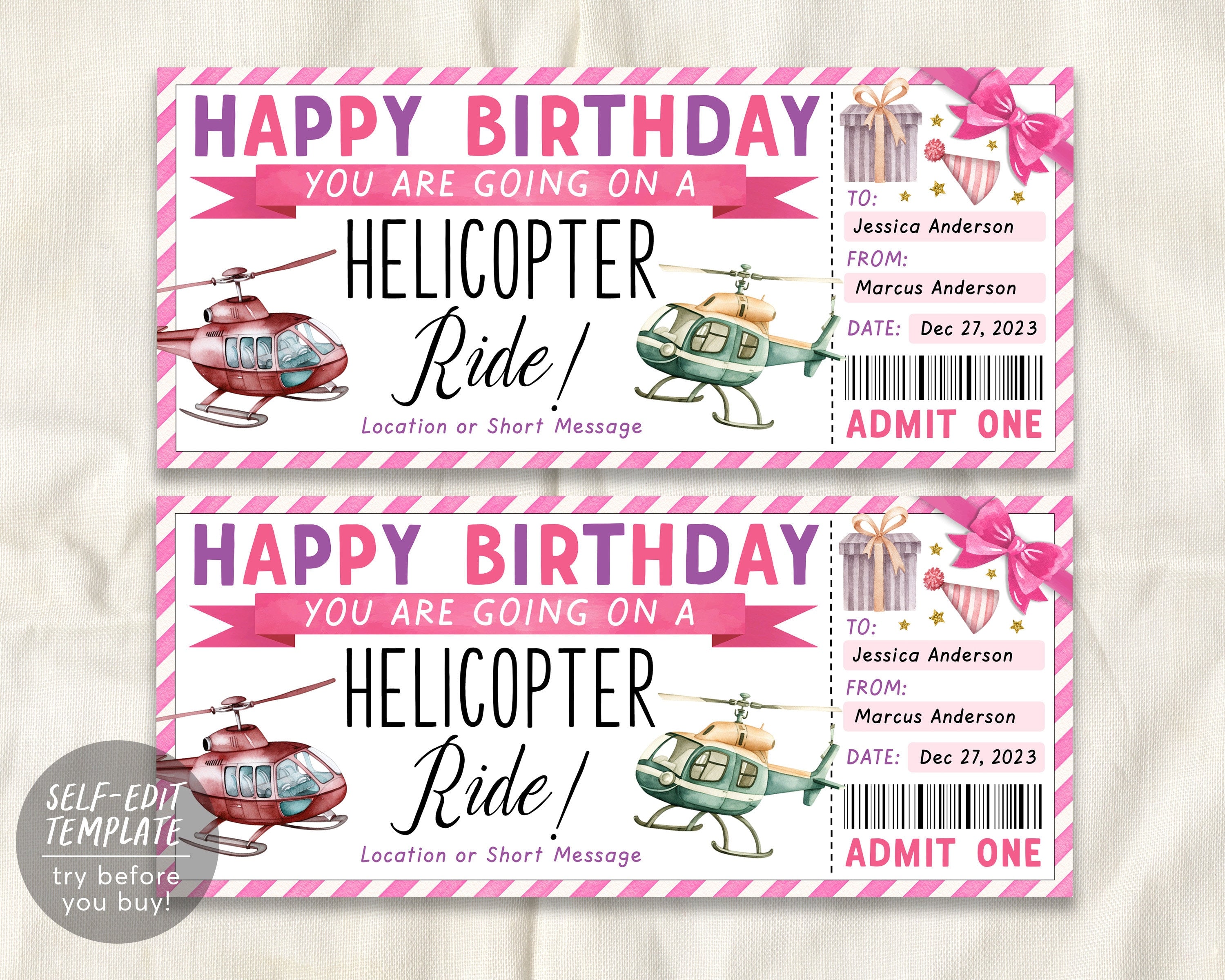 Helicopter Ride Flyer Helicopter Ride Ticket Gift Certificate Editable Template, Surprise Bi ...