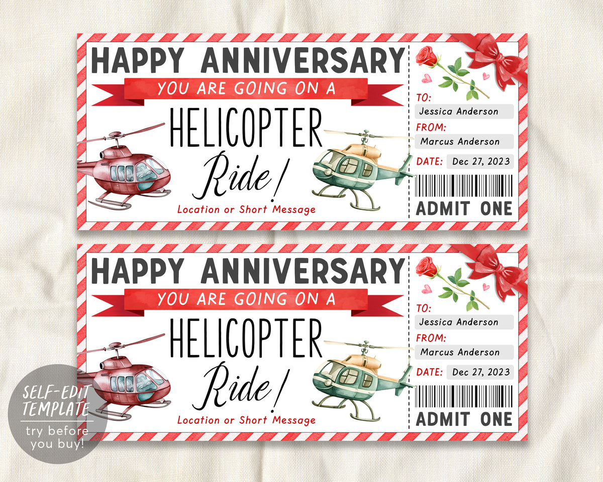 Helicopter Ride Flyer Helicopter Ride Ticket Gift Certificate Editable Template, Anniversary ...