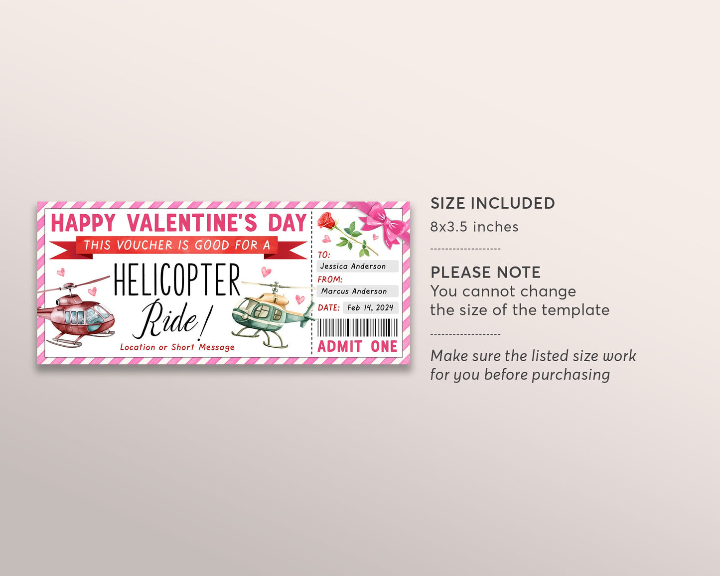 Helicopter Ride Ticket Gift Certificate Editable Template, Valentines Day Surprise Helicopter Experience Gift Voucher For Her Holiday Coupon