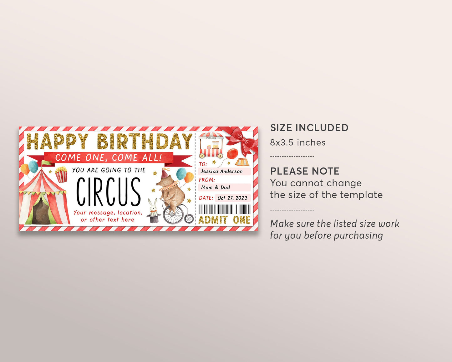 Circus Ticket Editable Template, Surprise Birthday Carnival Ticket Gift Voucher For Kids, Holiday Theme Park Day Trip Certificate Reveal DIY