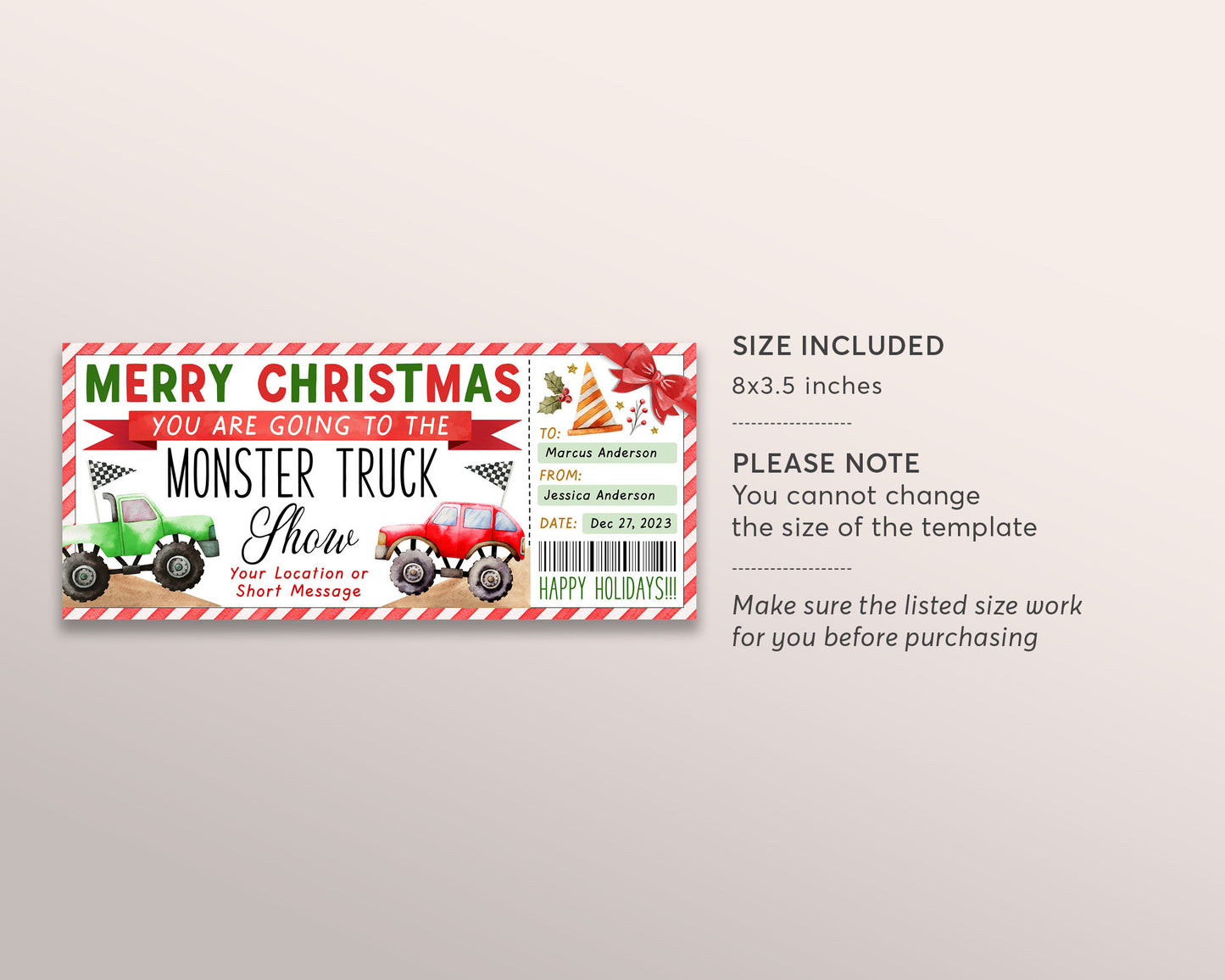 Christmas Monster Truck Show Ticket Editable Template, Surprise Holiday Monster Truck Event Experience Gift Certificate Voucher Coupon