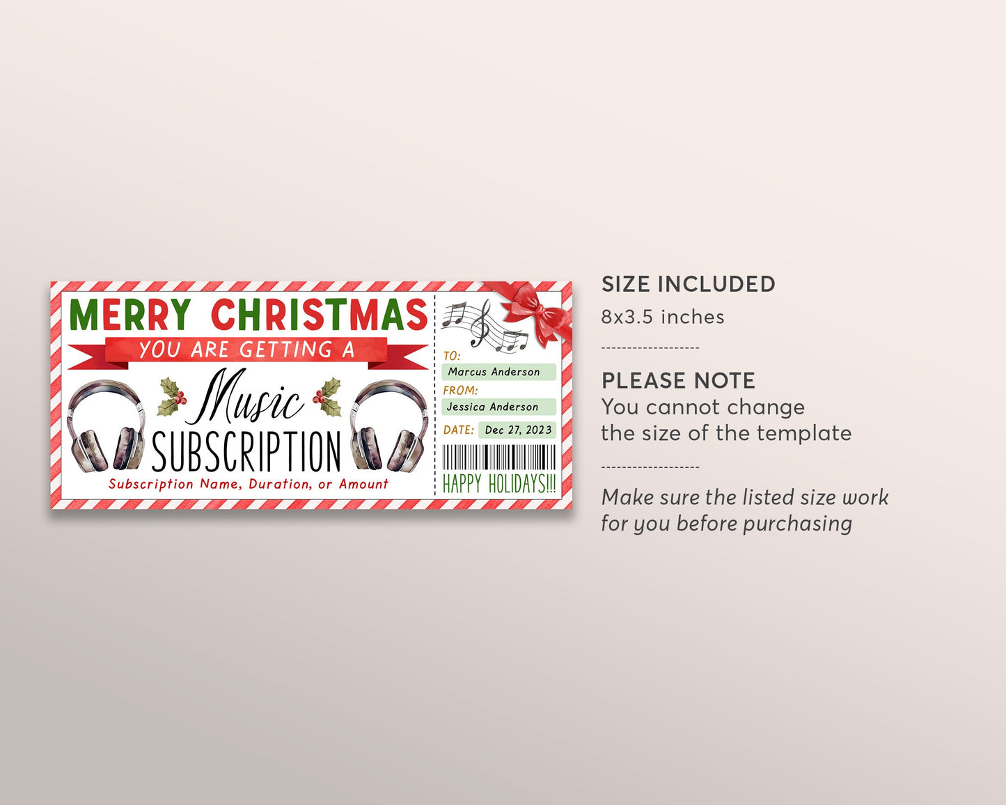 Surprise Music Streaming Subscription Gift Card Editable Template, Christmas Holiday Music Gift Certificate Voucher Coupon For Music Lovers