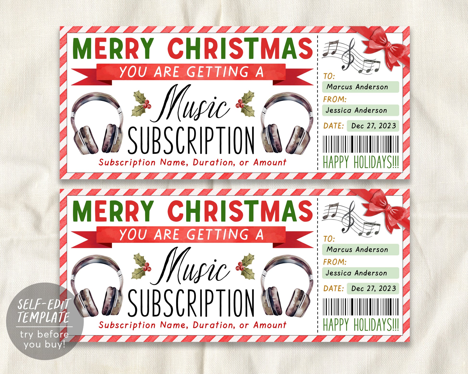 Surprise Music Streaming Subscription Gift Card Editable Template