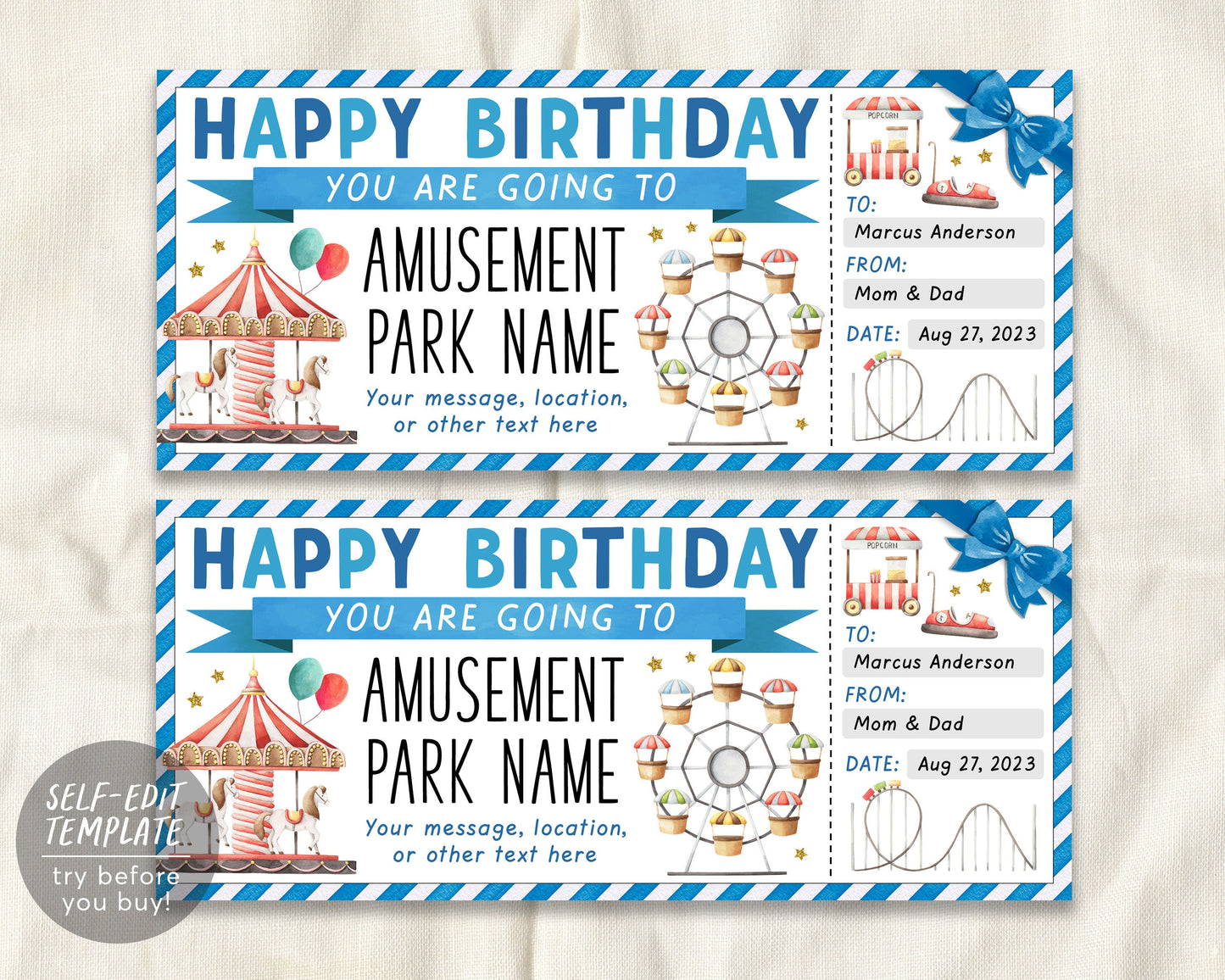 Amusement Park Ticket Editable Template