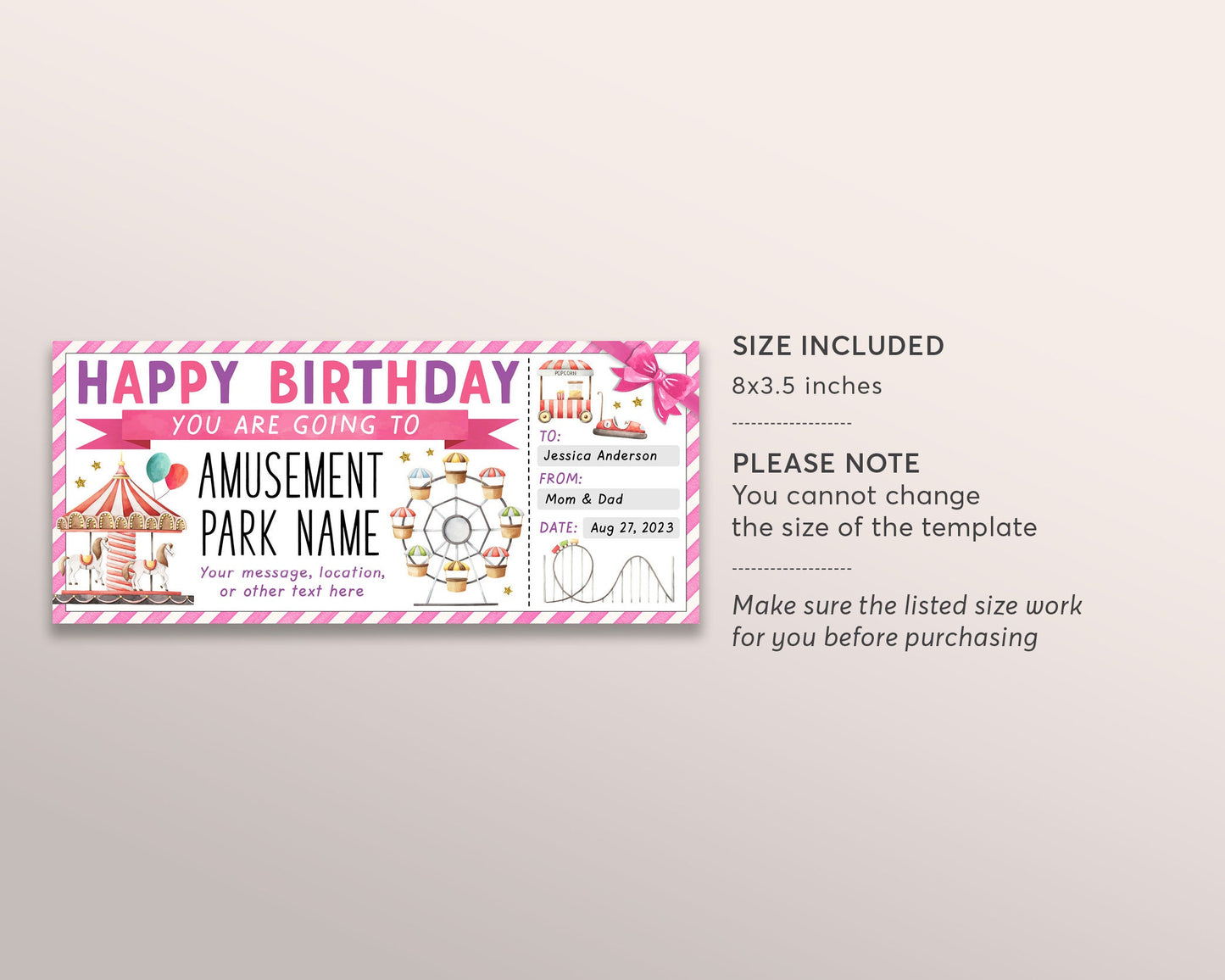 Amusement Park Ticket Editable Template, Surprise Birthday Theme Park Gift Voucher For Kids, Carnival Day Trip Gift Certificate Last Minute