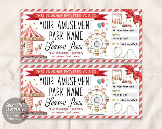 Amusement Park Season Pass Ticket Editable Template, Surprise Theme Park Gift Voucher, Fun Experience Gift Certificate Carnival Day Trip DIY