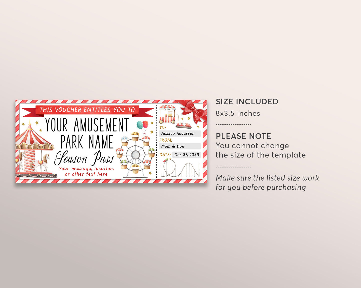 Amusement Park Season Pass Ticket Editable Template, Surprise Theme Park Gift Voucher, Fun Experience Gift Certificate Carnival Day Trip DIY