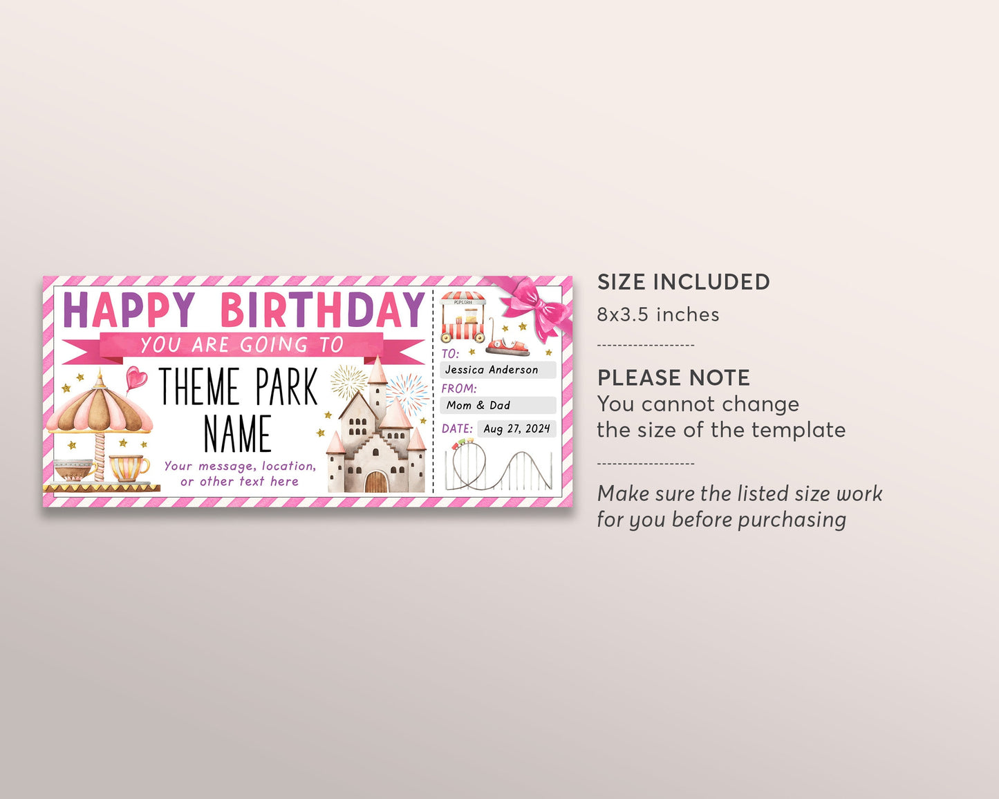 Theme Park Ticket Editable Template, Surprise Birthday Amusement Park Gift Voucher For Kids, Carnival Day Trip Gift Certificate Last Minute