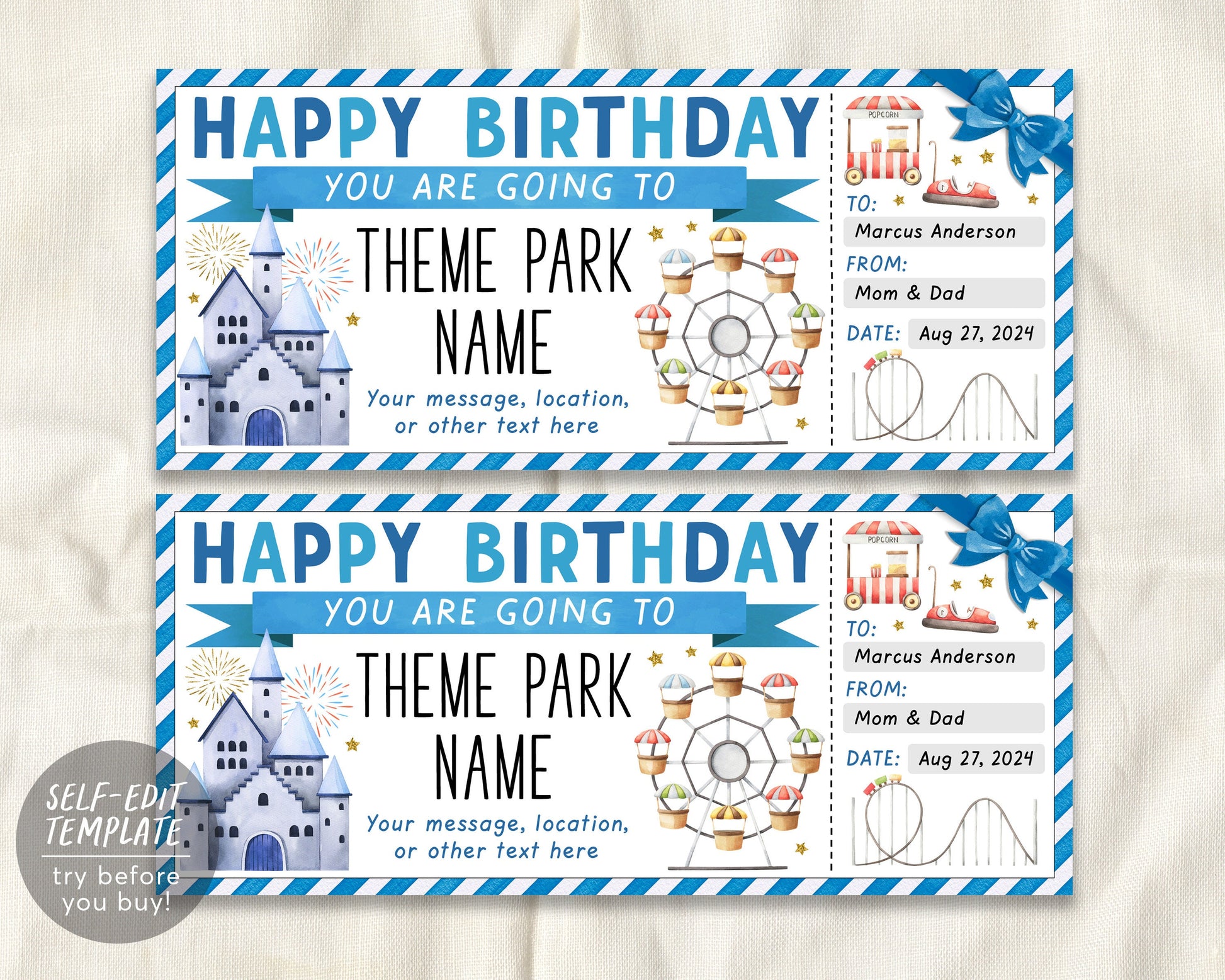 Theme Park Ticket Editable Template