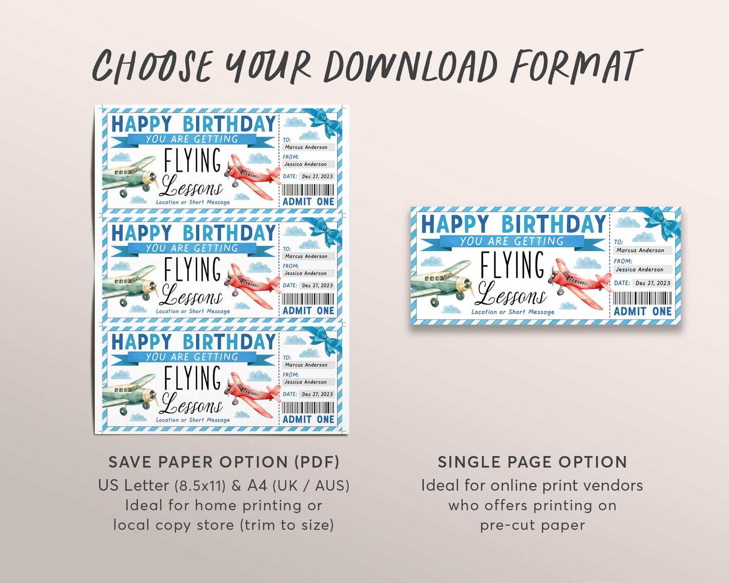 Flying Lessons Ticket Gift Voucher Editable Template, Surprise Birthday Flying Experience Pilot Training Gift Certificate Coupon Printable
