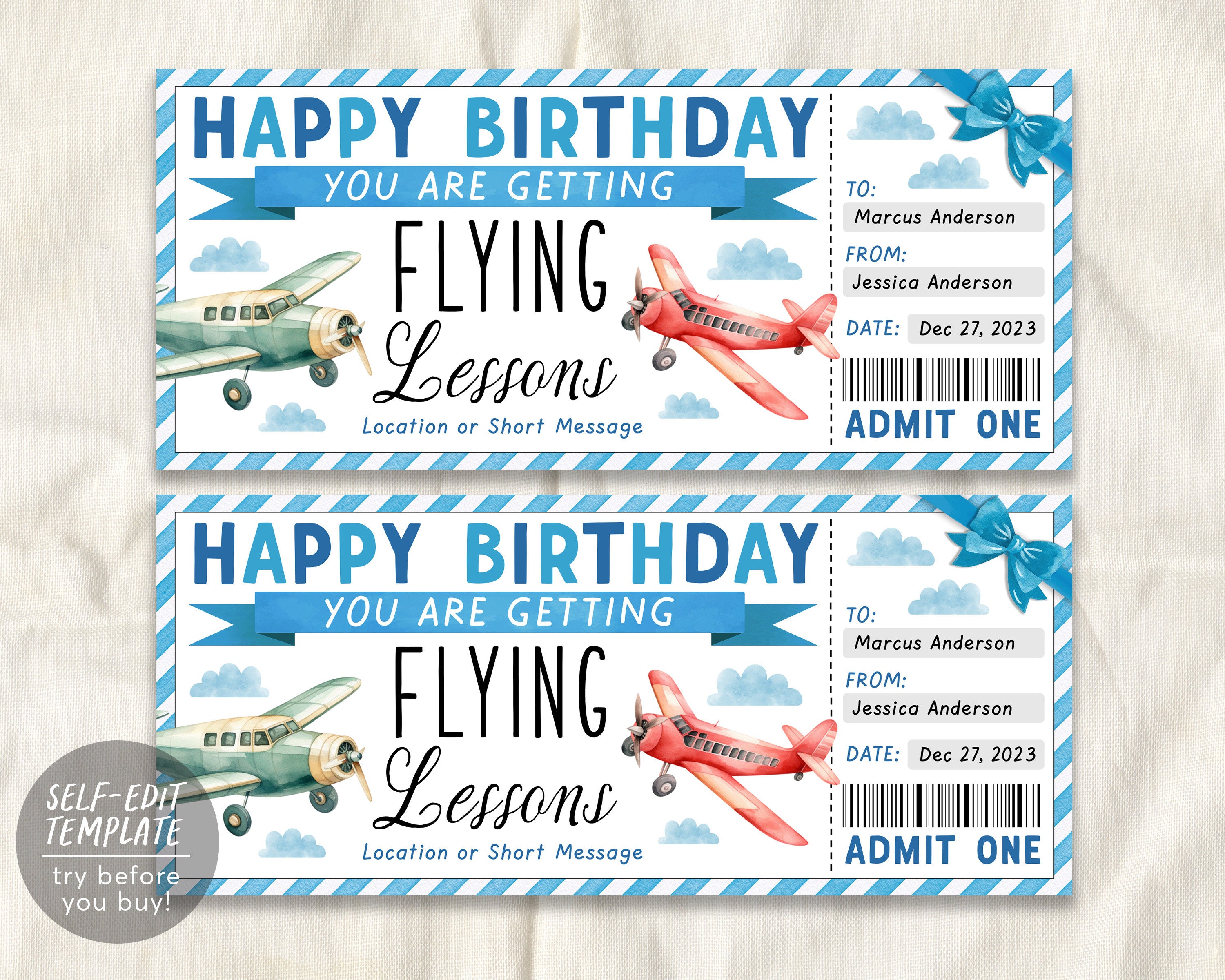 Flying Lessons Ticket Gift Voucher Editable Template, Surprise Birthda ...