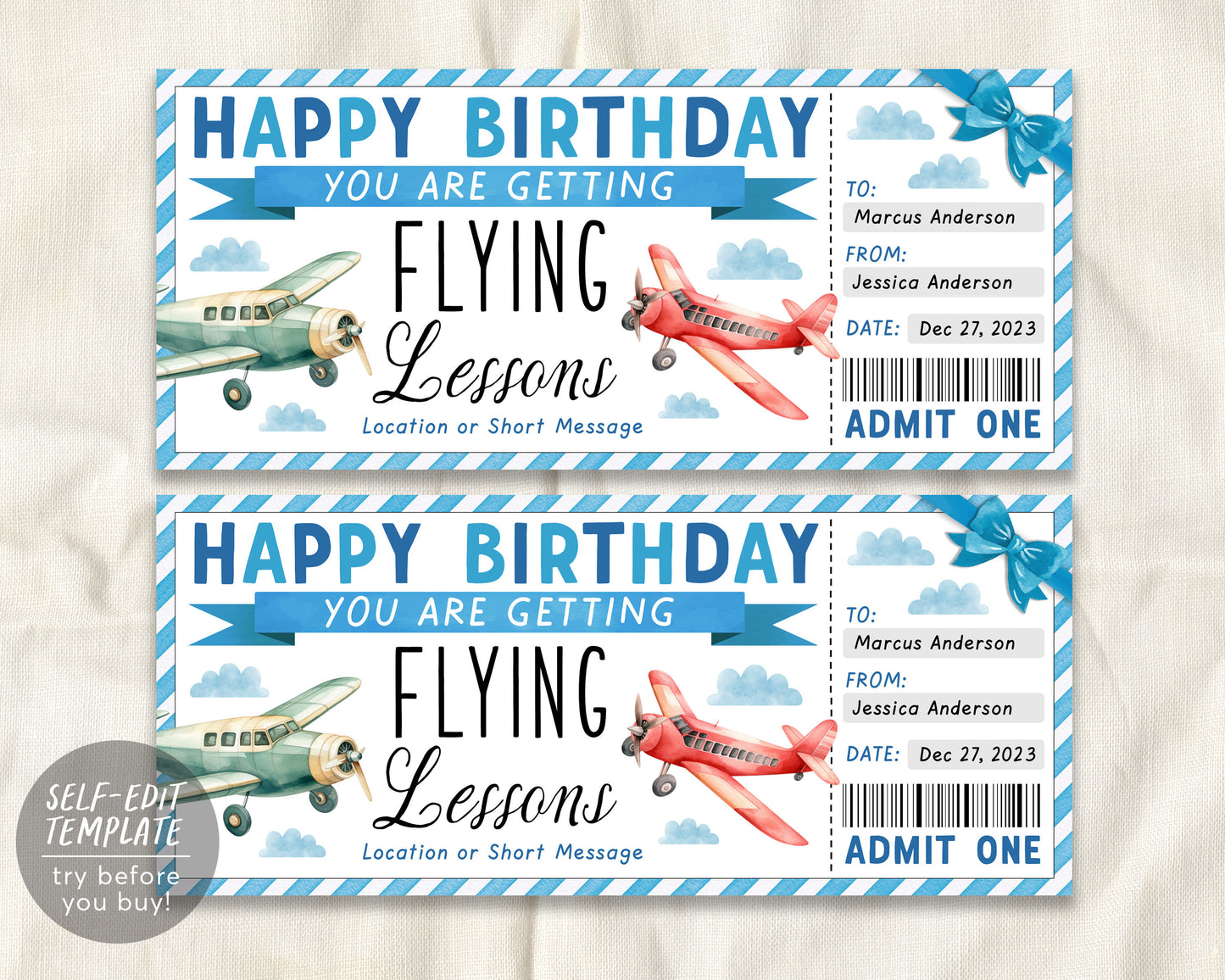 Flying Lessons Ticket Gift Voucher Editable Template, Surprise Birthday Flying Experience Pilot Training Gift Certificate Coupon Printable