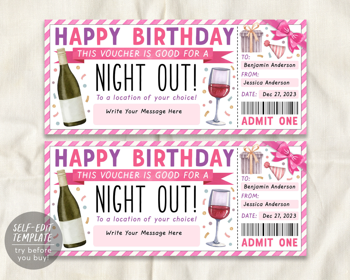 Birthday Night Out Gift Voucher Ticket Editable Template