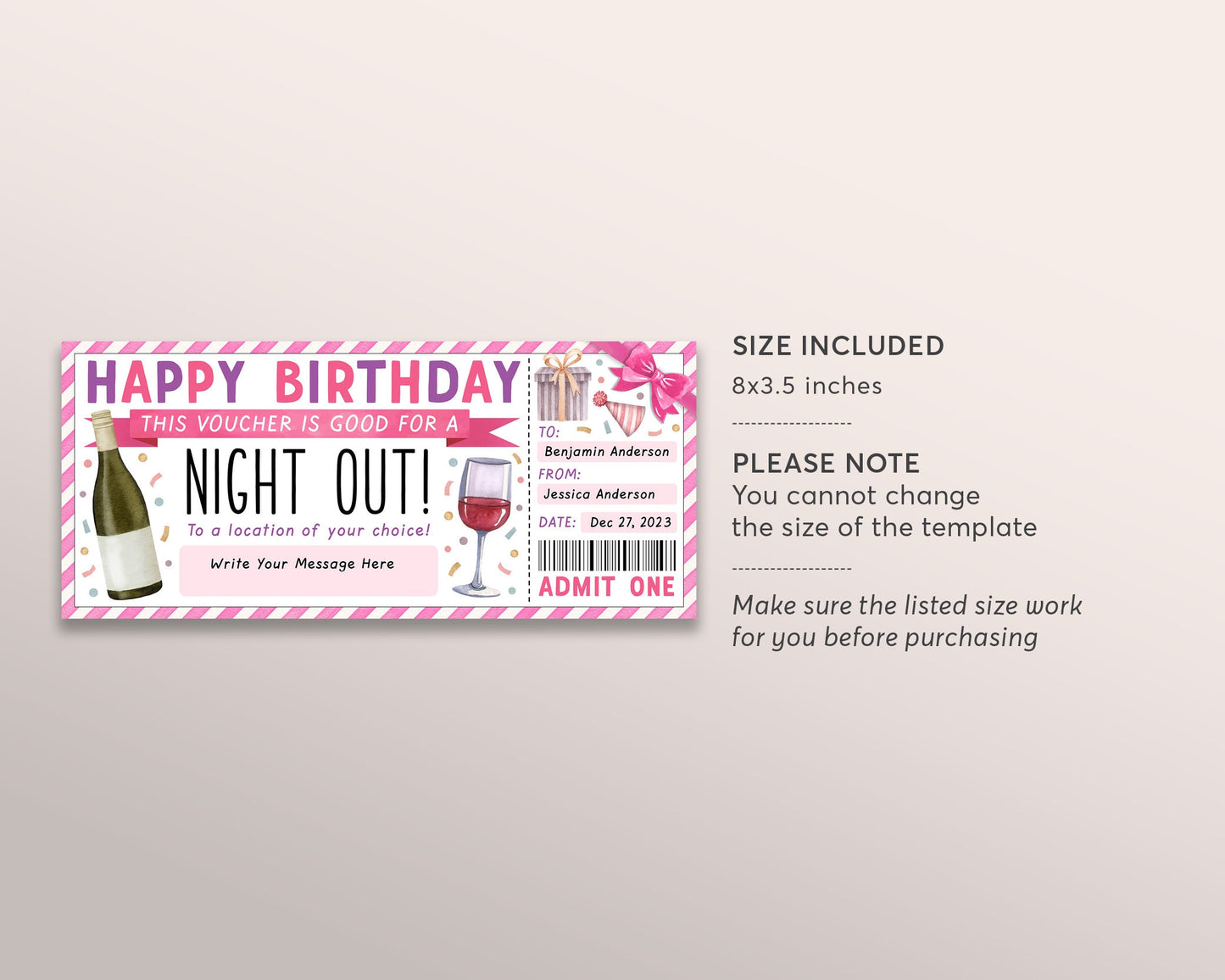 Birthday Night Out Gift Voucher Ticket Editable Template, Surprise Girls Night Dinner Party Date Gift Certificate Invite, Last Minute Gift