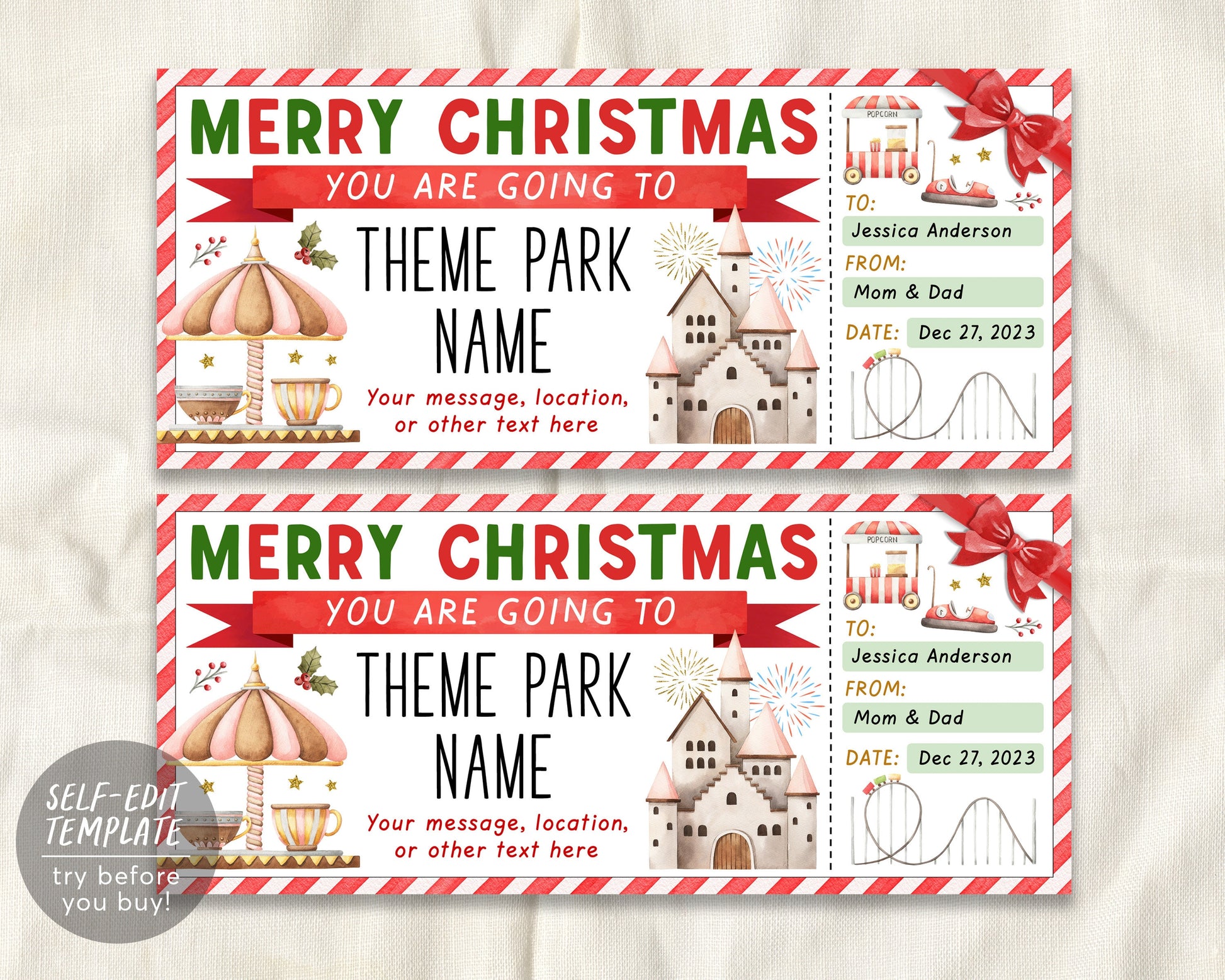 Christmas Theme Park Ticket Editable Template