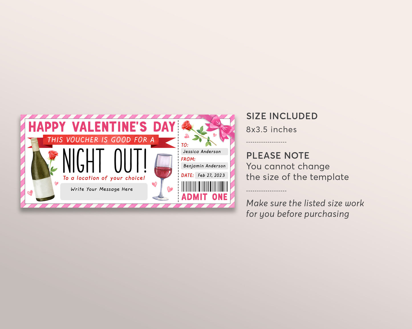 Night Out Gift Voucher Ticket Editable Template, Valentines Day Surprise Restaurant Dinner Date Wine Bar Gift Certificate, Last Minute Gift