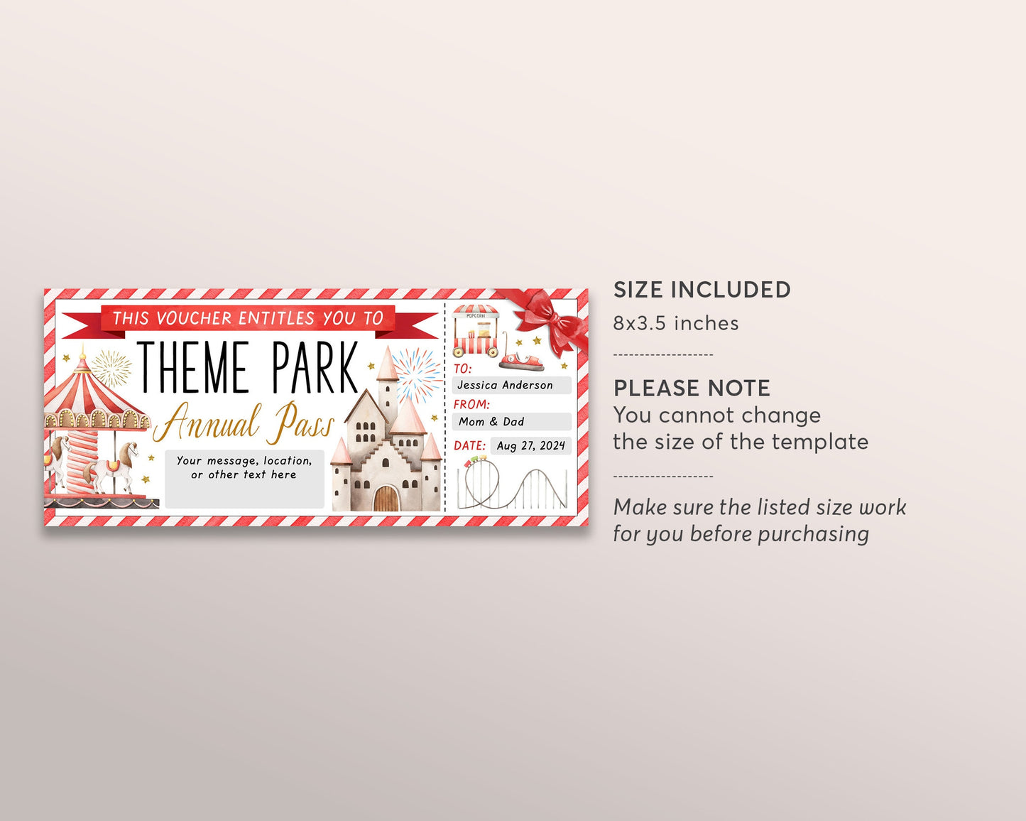 Theme Park Season Pass Ticket Editable Template, Surprise Amusement Park Gift Voucher, Fun Experience Gift Certificate Carnival Day Trip DIY