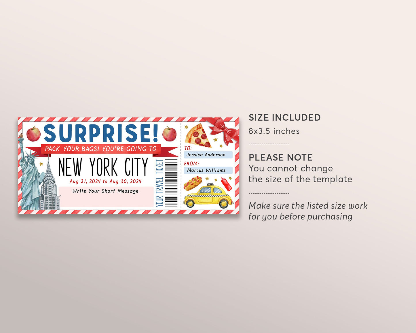 New York City Trip Ticket Editable Template, Surprise Travel Vacation Gift Certificate, NYC Trip For Birthday Valentines Anniversary Reveal